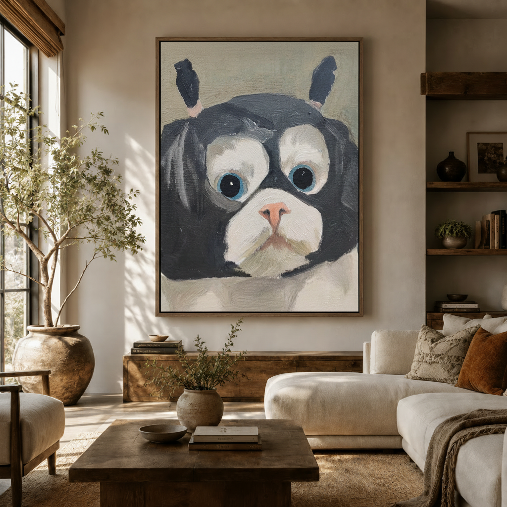 Large whimsical dog portrait canvas in a cozy living room with white sofa and olive tree