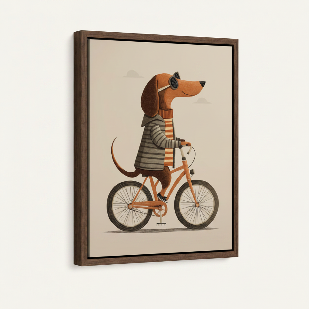 Funny dachshund striped sweater sunglasses bicycle canvas in dark walnut float frame, 3/4 angle view