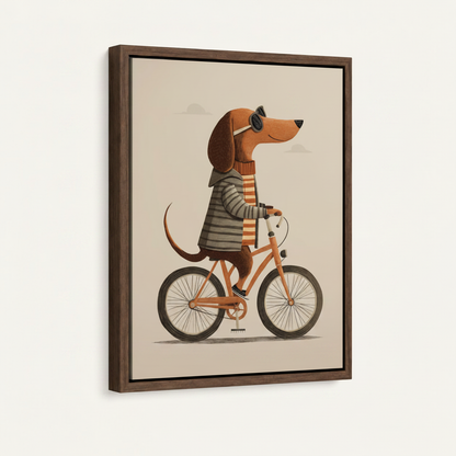 Funny dachshund striped sweater sunglasses bicycle canvas in dark walnut float frame, 3/4 angle view