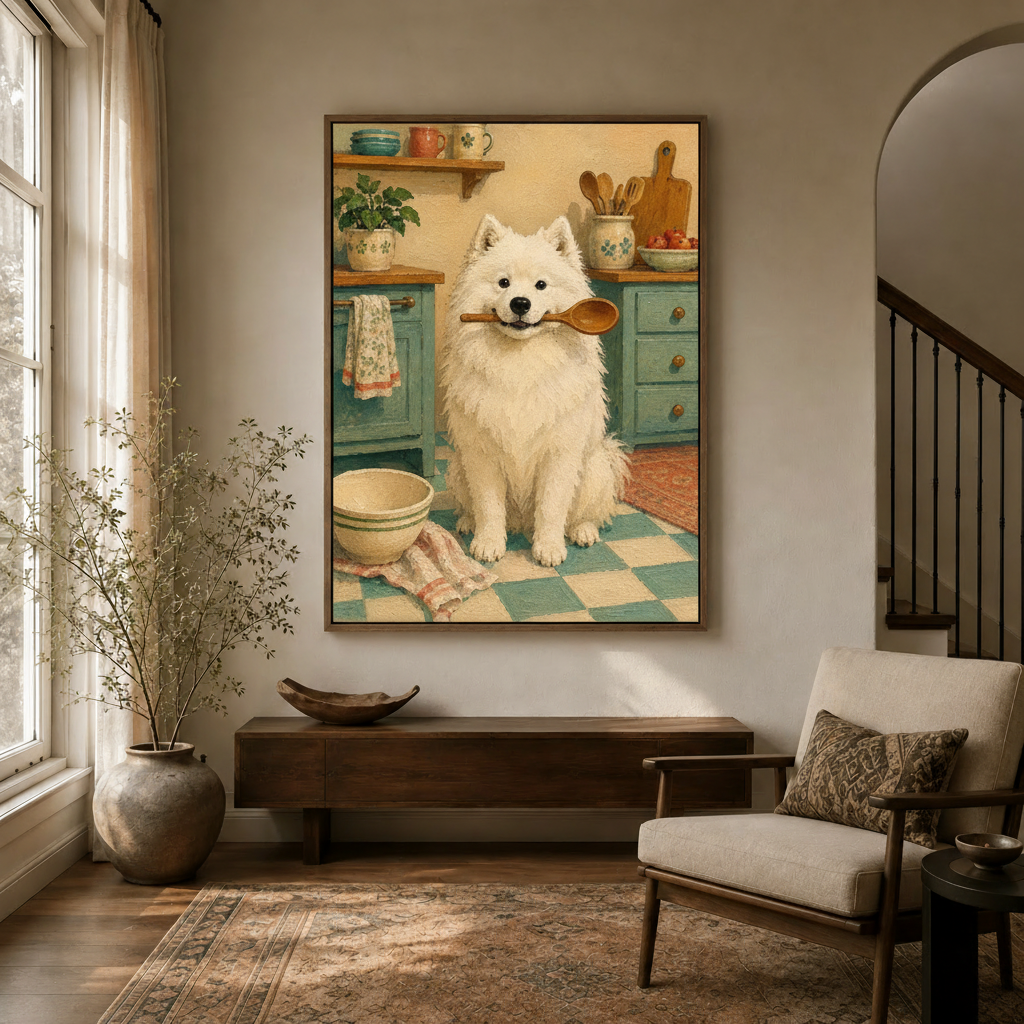 Whimsical Samoyed kitchen painting in walnut float frame styled in a bright modern entryway