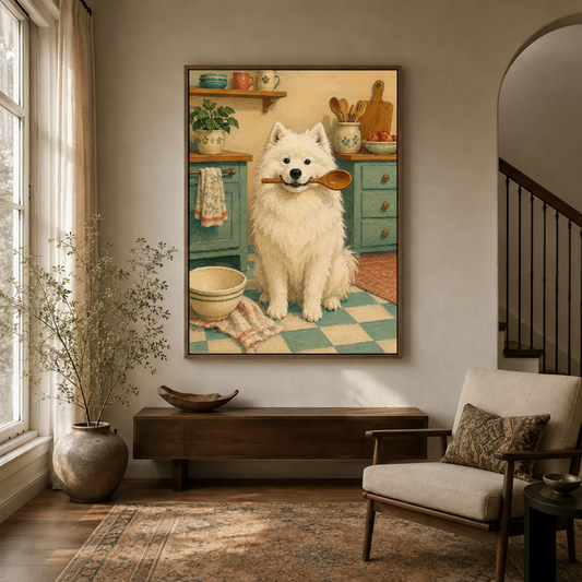Whimsical Samoyed kitchen painting in walnut float frame styled in a bright modern entryway