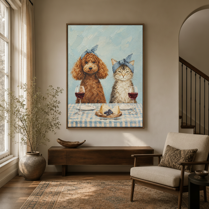 Impasto oil painting of poodle and cat with wine in an entryway interior scene