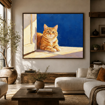 Orange tabby cat canvas wall art above a modern cream sofa