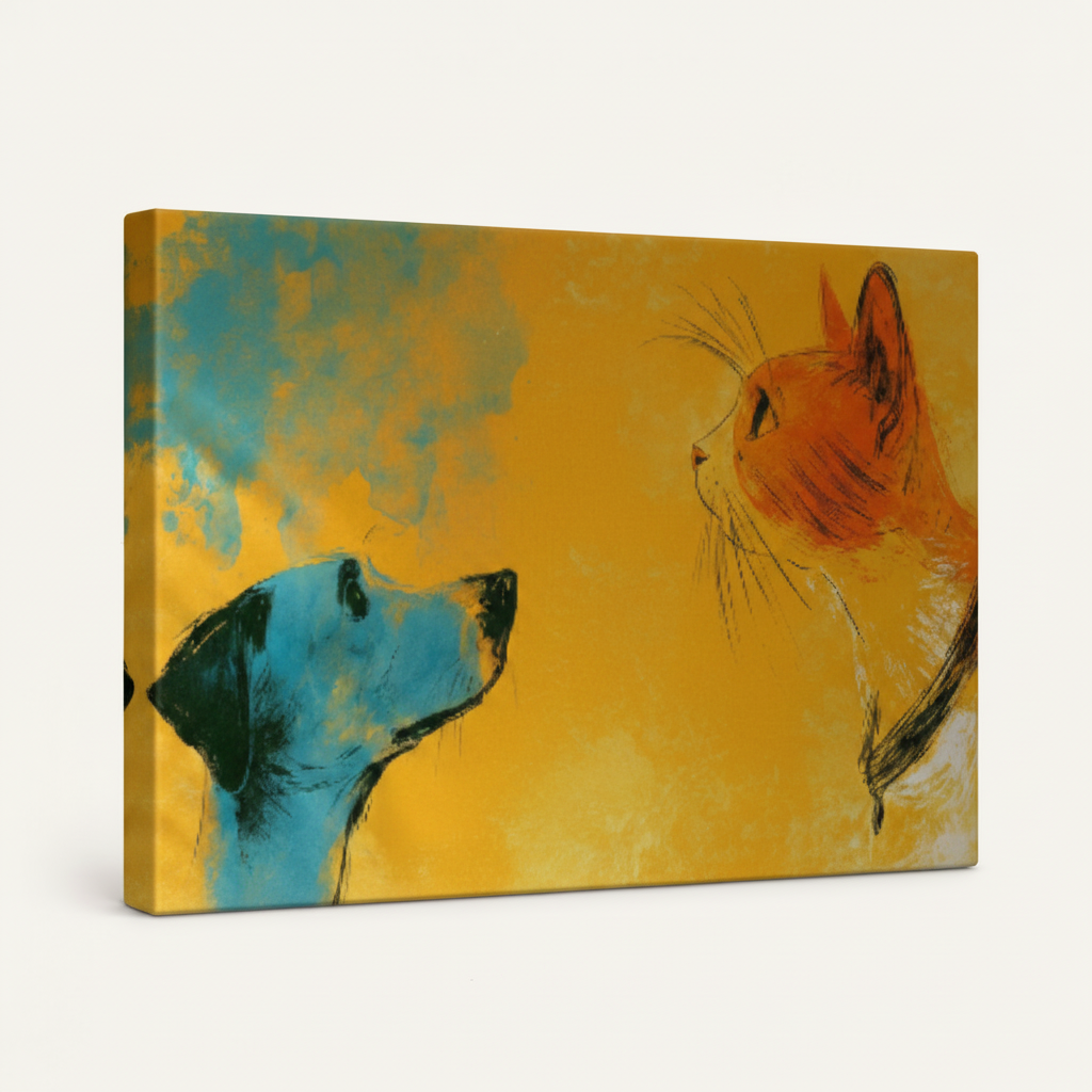 Gallery-wrapped cat and dog canvas art, frameless studio shot on warm off-white background