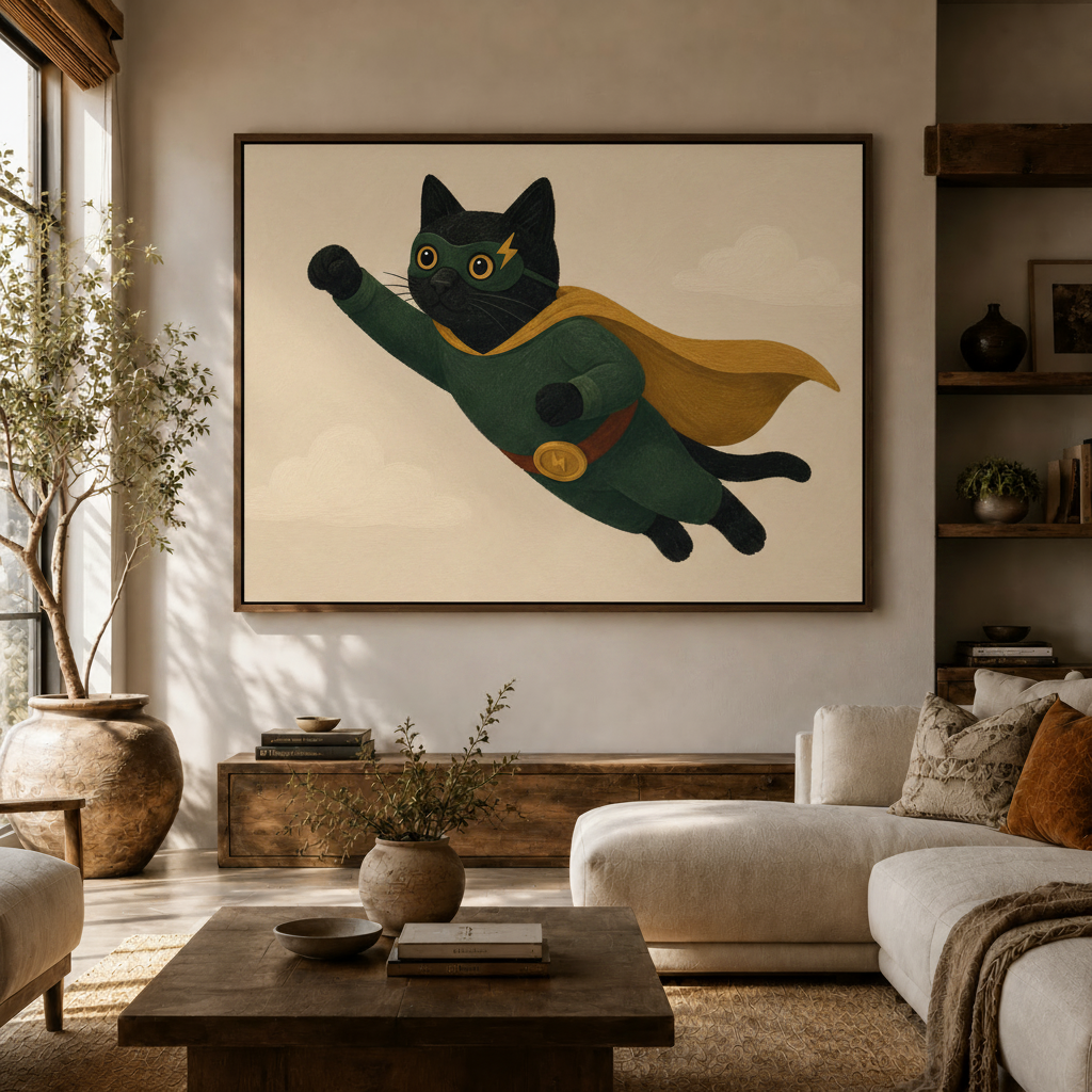 Whimsical black cat superhero framed canvas hanging above sofa in a cozy neutral living room