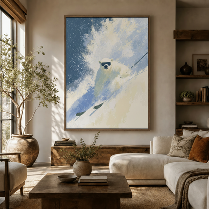 Polar bear skiing wall art in dark walnut float frame displayed in bright living room