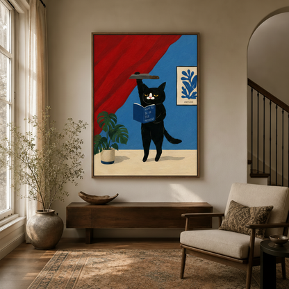 Funny cat wall art in walnut frame displayed in bright entryway beside staircase and armchair