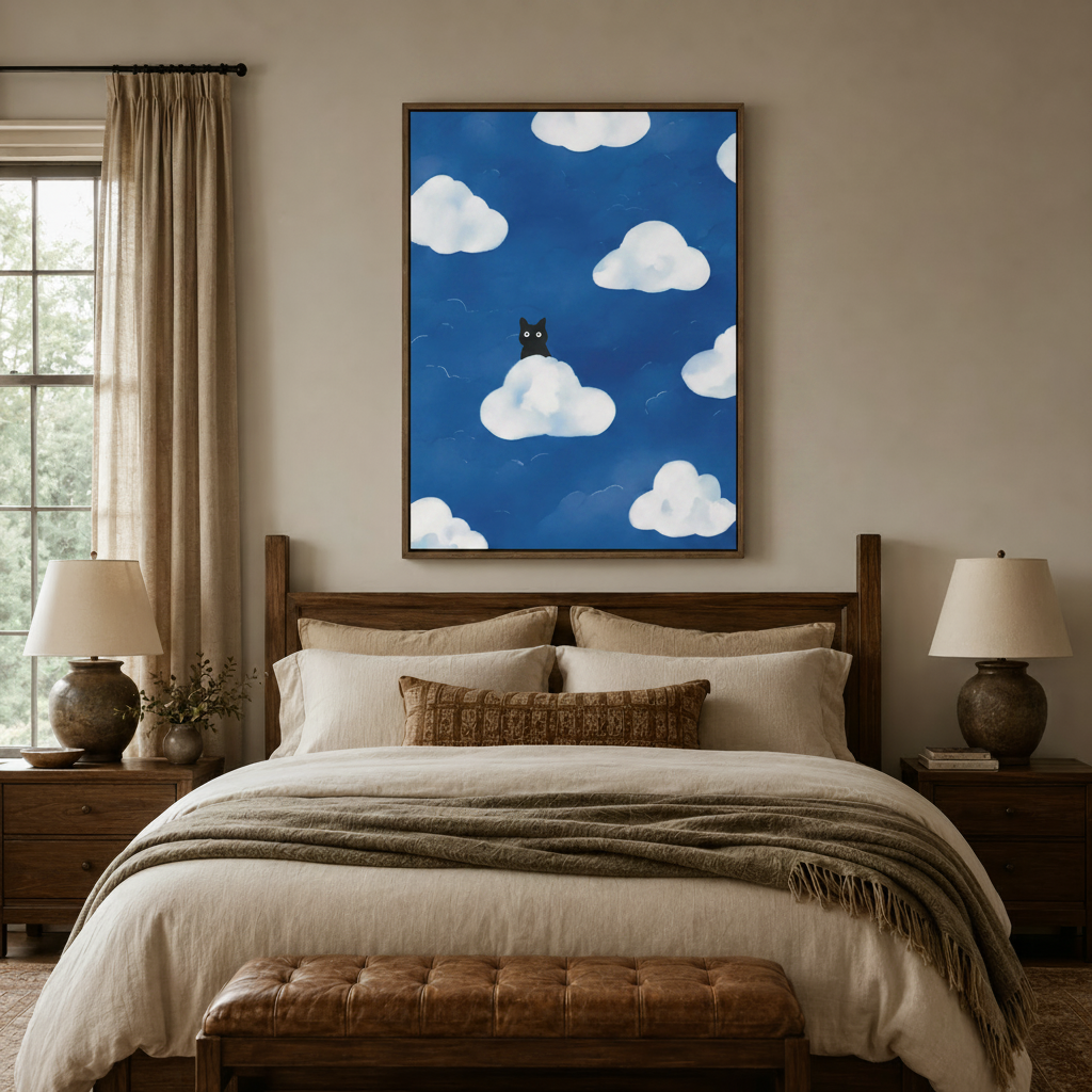 Black cat cloud sky illustration canvas framed above dark walnut headboard in warm neutral bedroom