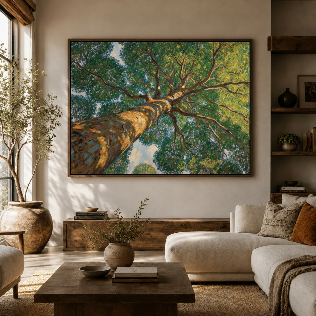 Realistic tree canopy oil painting canvas hanging above white curved sofa in bright modern living room