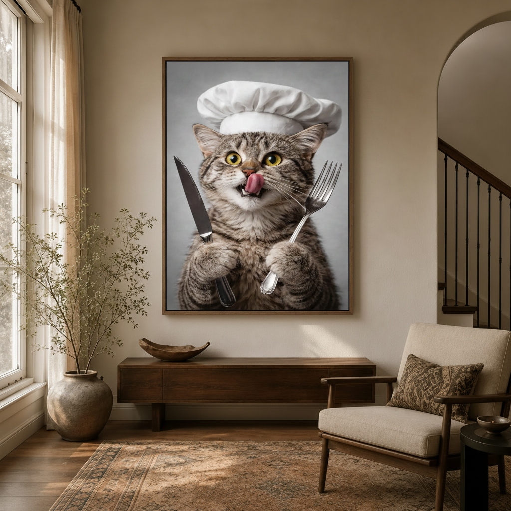 Framed chef cat canvas wall art hung above wooden console in warm neutral entryway beside staircase