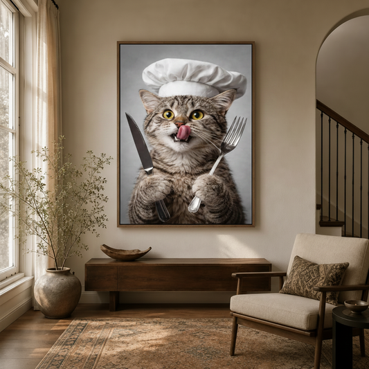 Framed chef cat canvas wall art hung above wooden console in warm neutral entryway beside staircase