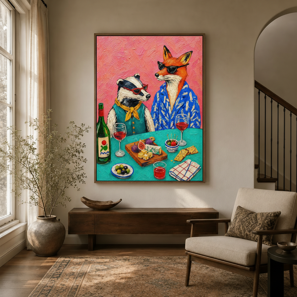 Funny animal dinner party canvas wall art displayed in bright modern entryway with arched doorway
