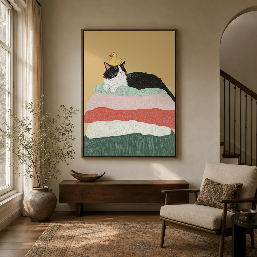 Whimsical tuxedo cat wall art hanging in modern entryway with walnut console and dried botanicals