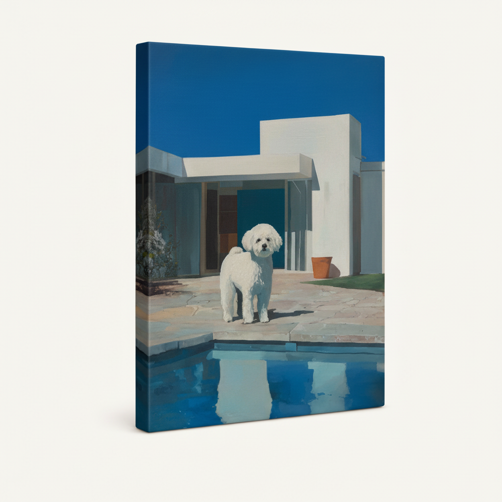 Gallery-wrapped canvas of white fluffy dog beside blue pool at modernist house shown at angle on off-white background