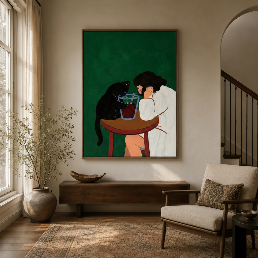 Cat girl gouache illustration canvas print in dark walnut floating frame displayed in modern entryway with arched doorway
