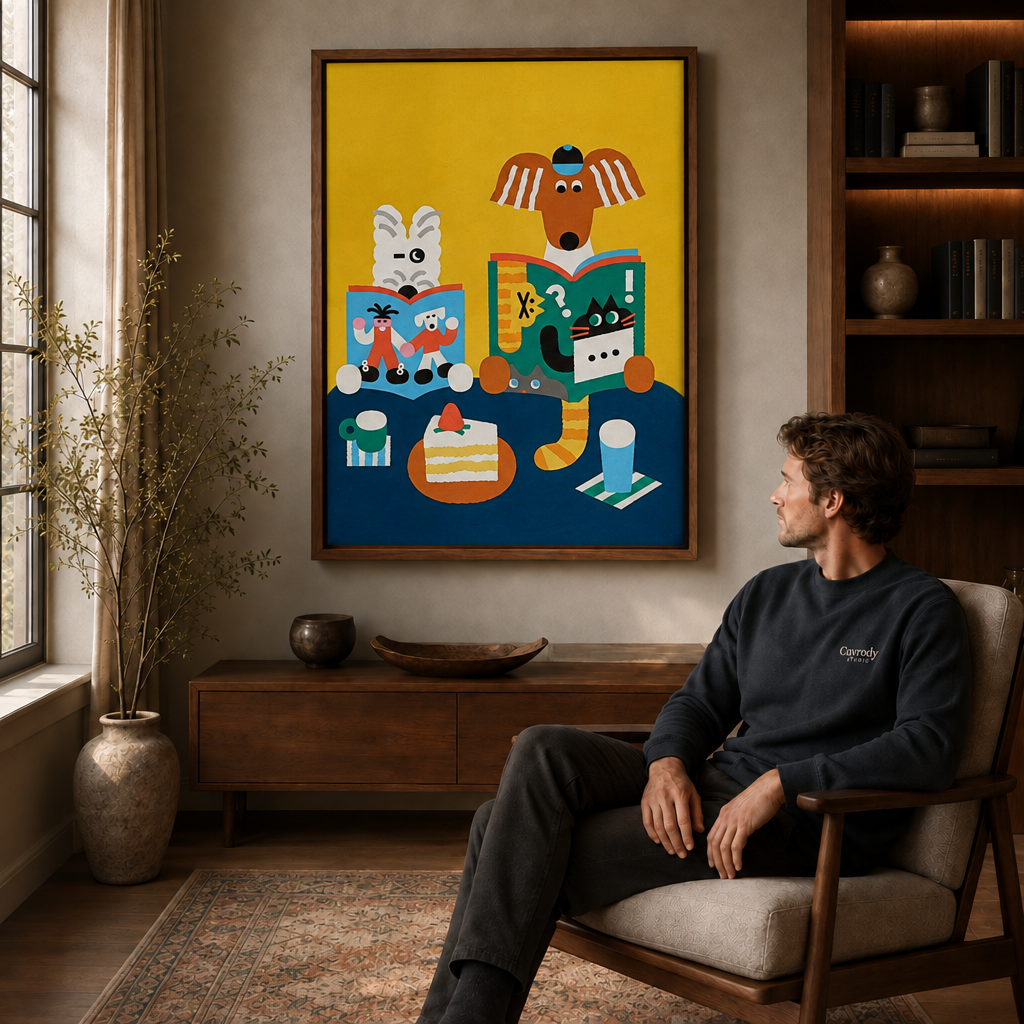 Rabbit, dog, and cat with books and cake displayed above a seated man.