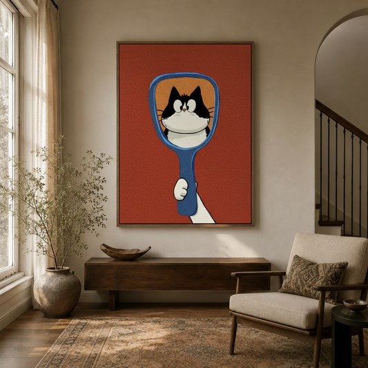 Funny cartoon cat wall art displayed in a cozy entryway with dried branch arrangement and arched doorway