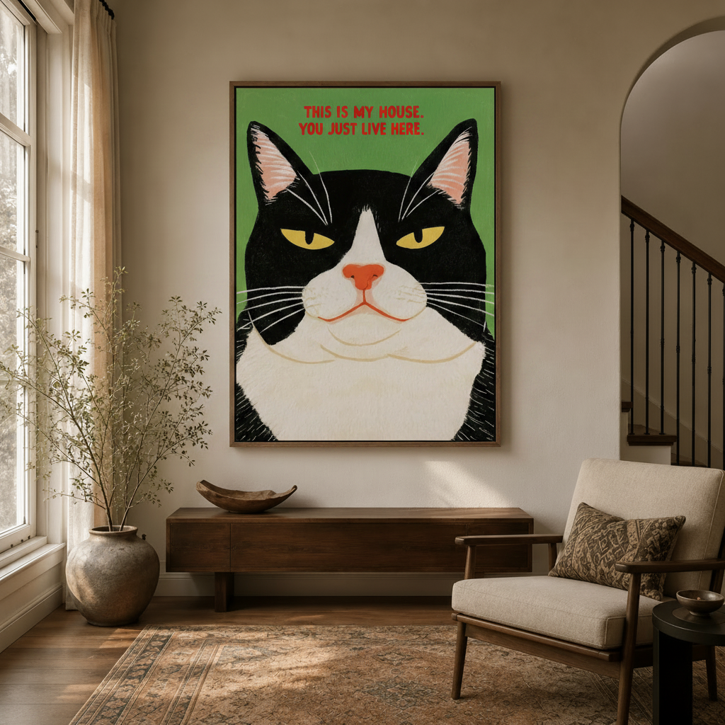 Bold green cat print in dark walnut float frame hanging in modern entryway with arched doorway