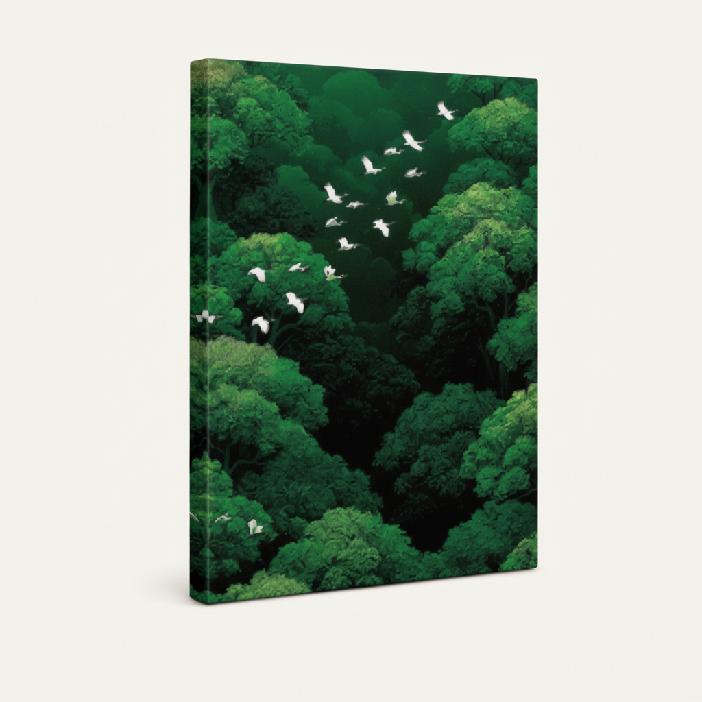 Gallery-wrapped white egrets emerald forest Nihonga canvas with dark green wrap sides on cream background