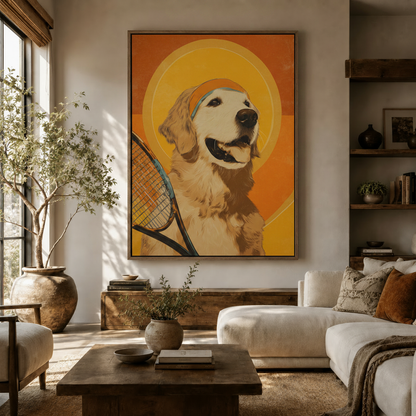 Vintage sports dog framed wall art hanging in neutral modern living room above sideboard