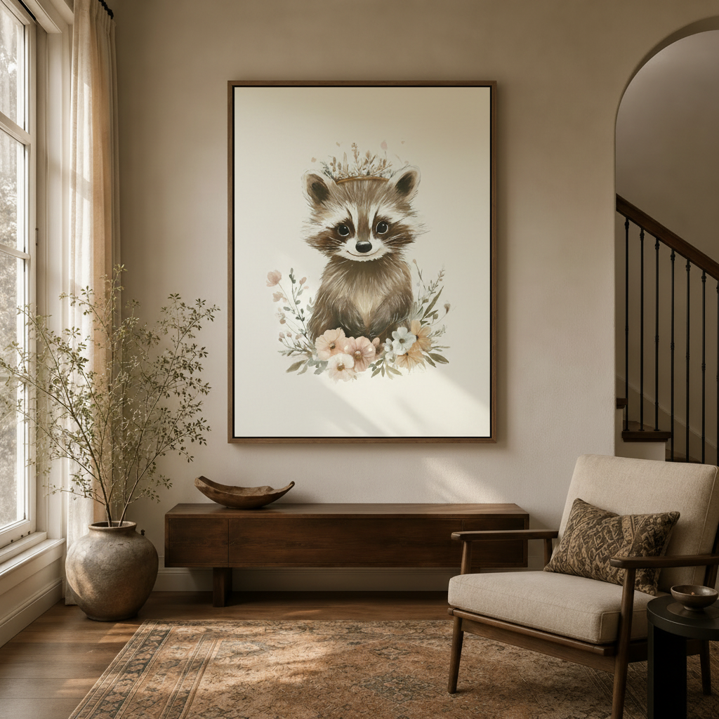 Woodland raccoon watercolor wall art hanging in a cozy entryway with arched doorway and natural light
