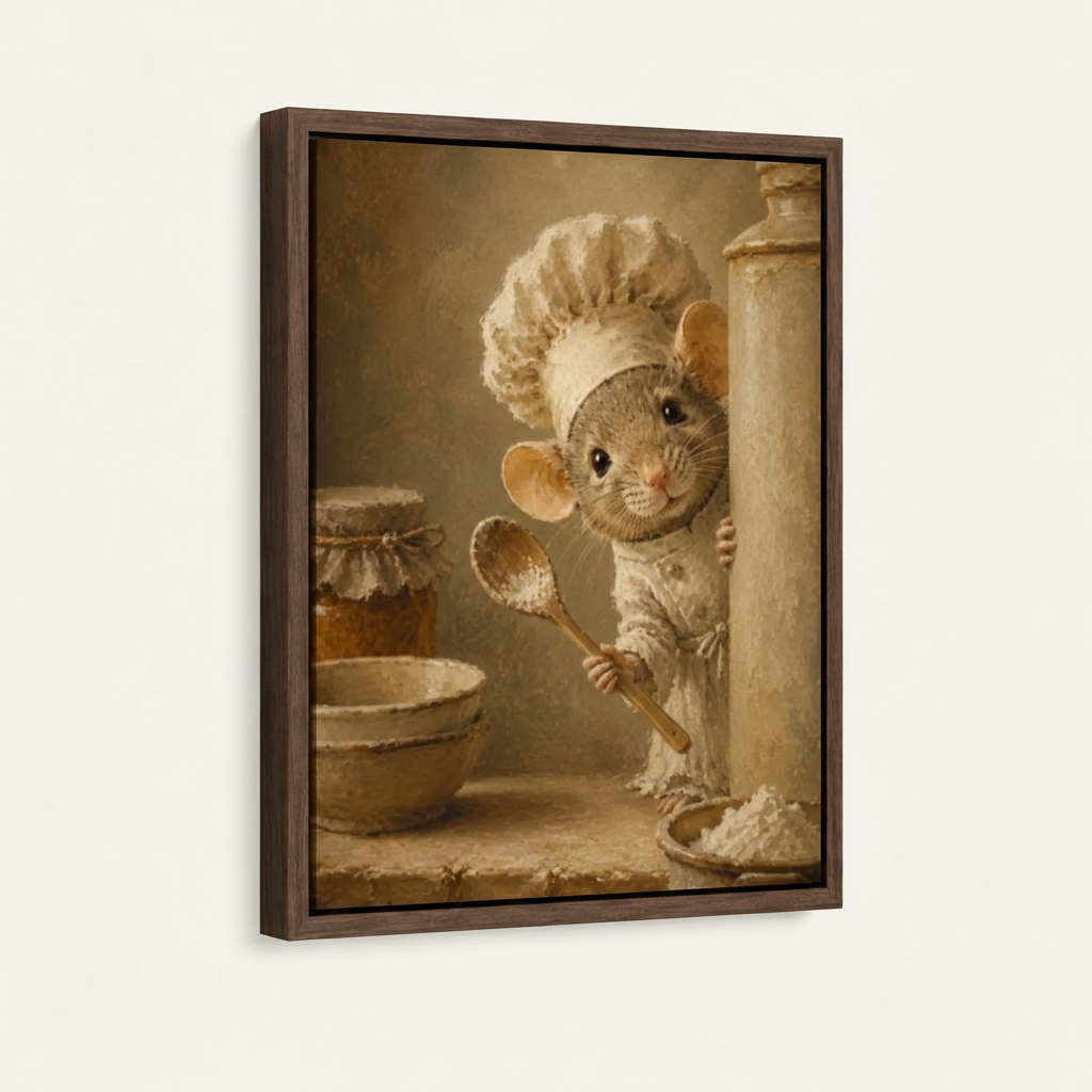 Mouse chef wooden spoon cottage kitchen antique canvas in wide dark walnut float frame, 3/4 portrait angle