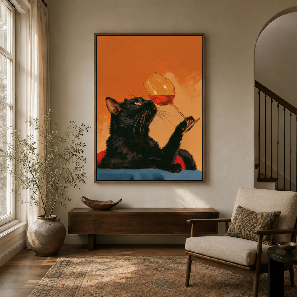 Vintage illustration black cat holding wine glass displayed high in neutral entryway with arched doorway