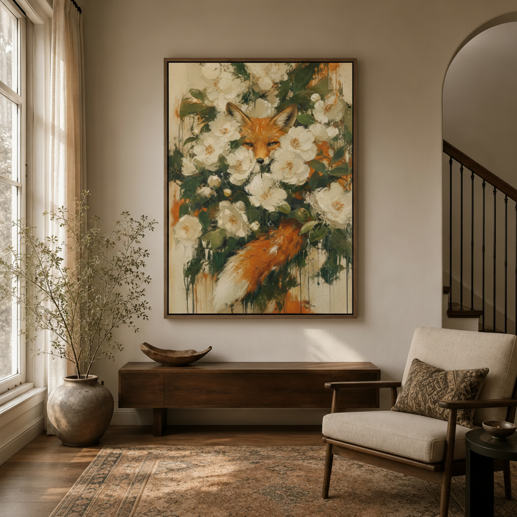 Framed fox floral canvas art hanging in bright entryway, impasto oil painting nature theme