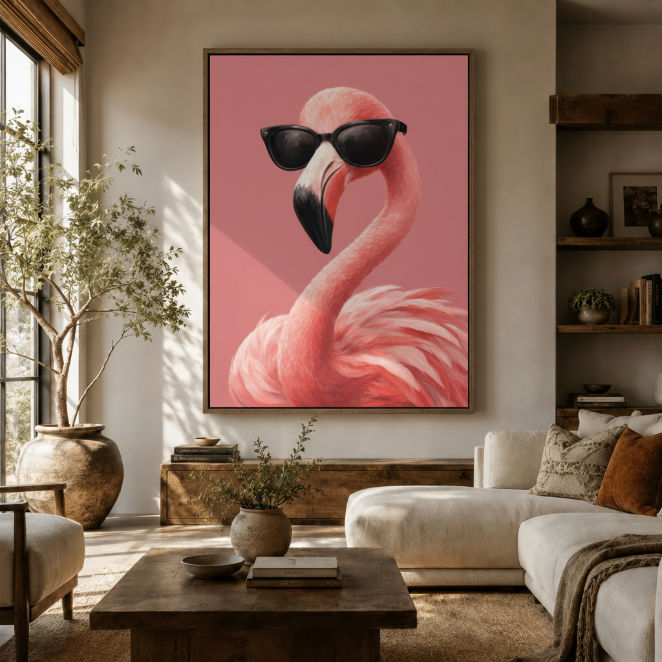 Large pink flamingo sunglasses canvas art in walnut float frame displayed in bright boho living room with olive tree