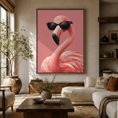 Large pink flamingo sunglasses canvas art in walnut float frame displayed in bright boho living room with olive tree