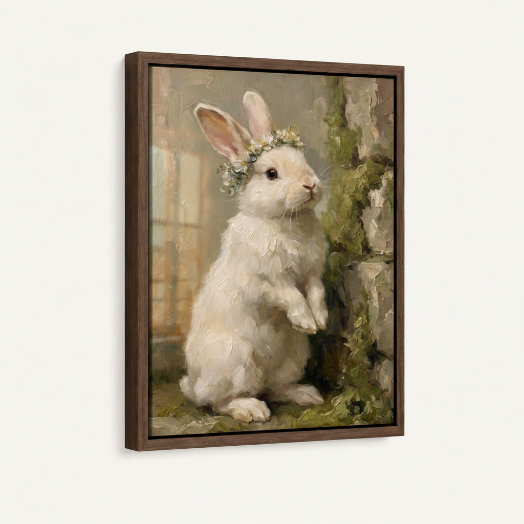 Pastoral white rabbit with floral crown impasto canvas in dark walnut float frame, 3/4 angle white background