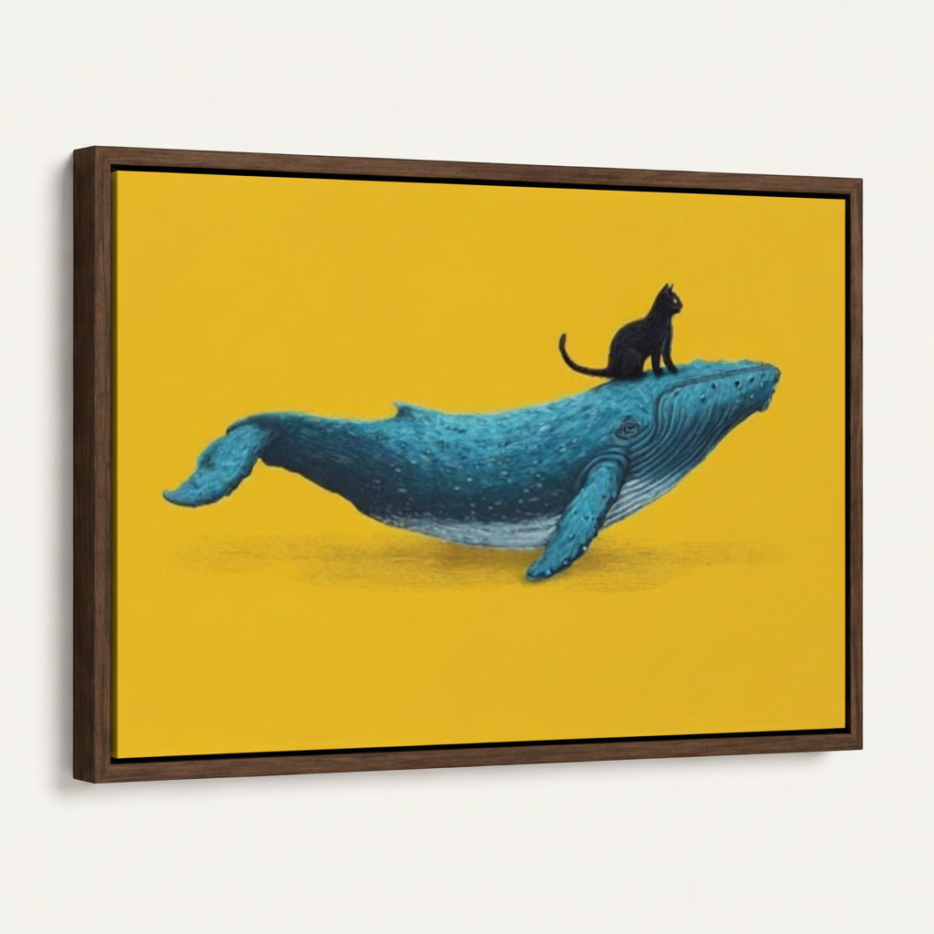Framed black cat whale surrealist canvas print in dark walnut float frame angled product view