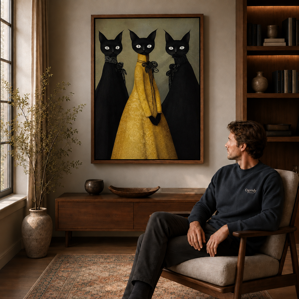 Framed whimsical black cat wall art styled beside a seated man in a cozy study
