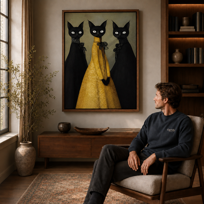 Framed whimsical black cat wall art styled beside a seated man in a cozy study