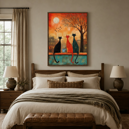 Folk art three cats moon night canvas above dark walnut bed with cream bedding in cozy neutral bedroom