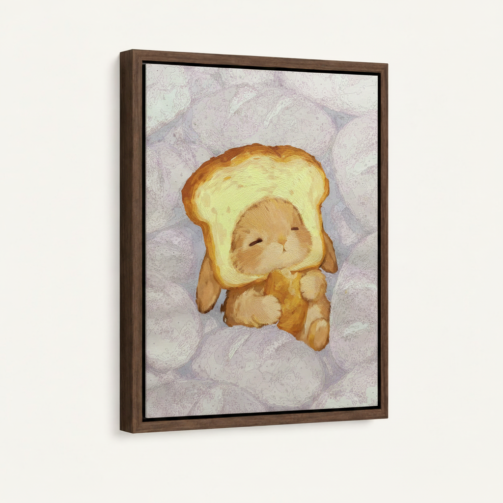 Fluffy bunny sleeping toast bread hat impasto canvas in wide dark walnut float frame, 3/4 portrait angle view