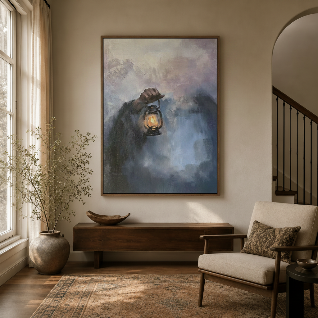 Dark atmospheric lantern oil painting wall art displayed in hallway beside staircase with linen armchair