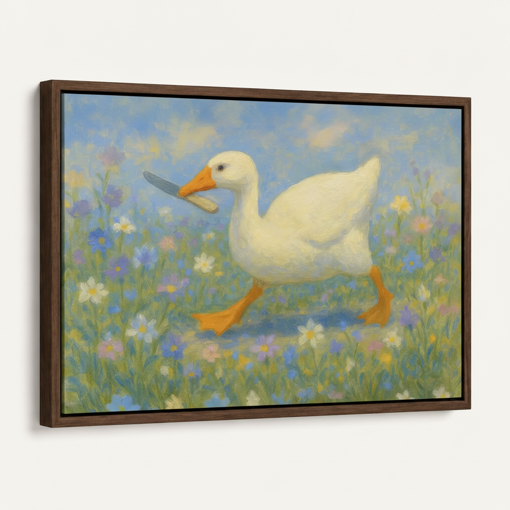 Framed duck knife wildflower impressionist canvas print in dark walnut float frame angled product view