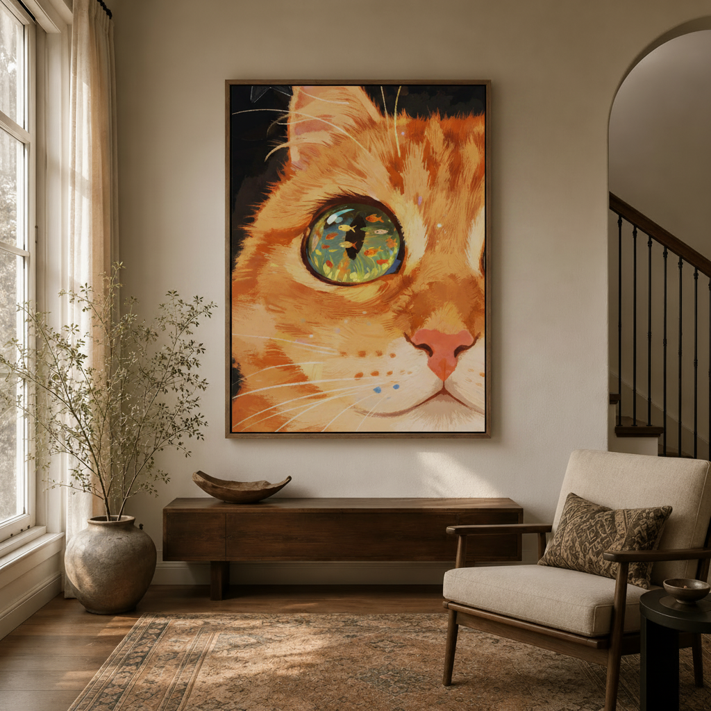 Whimsical orange cat eye art canvas print in dark walnut float frame in modern entryway hallway