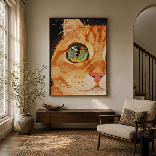 Whimsical orange cat eye art canvas print in dark walnut float frame in modern entryway hallway