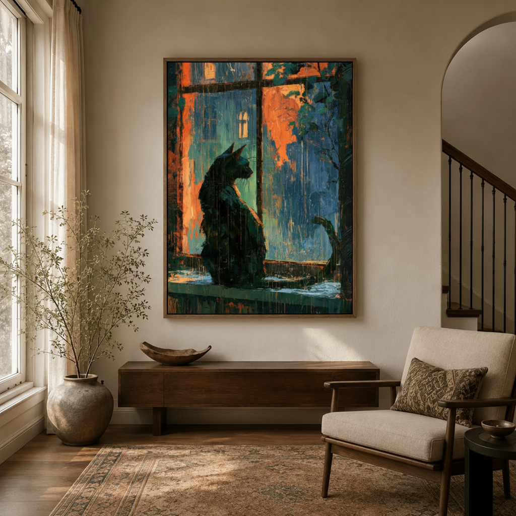 Black cat impressionist canvas print displayed in bright modern entryway with staircase and arched doorway