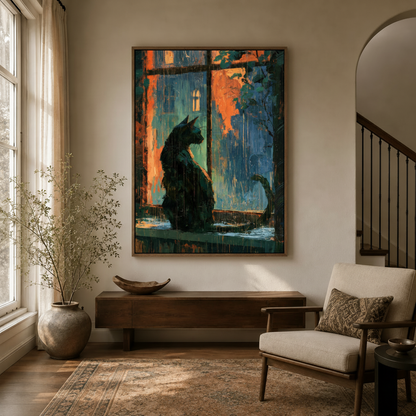 Black cat impressionist canvas print displayed in bright modern entryway with staircase and arched doorway
