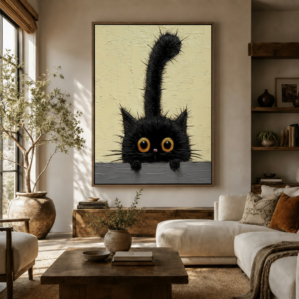 Curious black cat wall art with golden eyes displayed above a cream sofa in a cozy living room