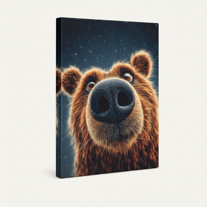 Gallery-wrapped canvas of a close-up brown bear face on starry blue background, angled side view on white
