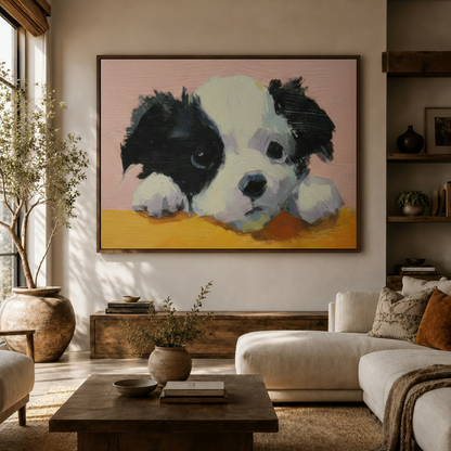 Adorable puppy close-up canvas art above console table in cozy earth-tone living room with linen chair