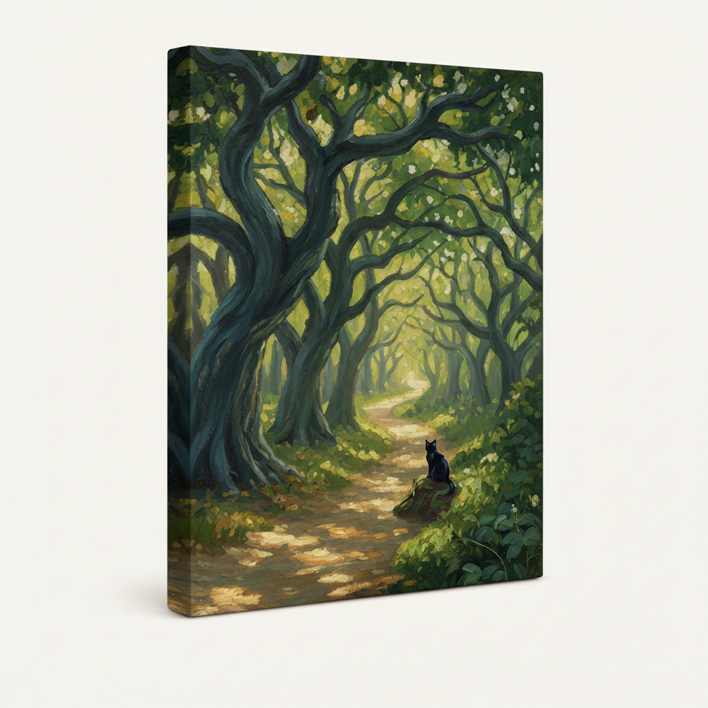 Gallery-wrapped black cat ancient oak tunnel canvas showing dark tree trunks and golden light, 3/4 left-tilt
