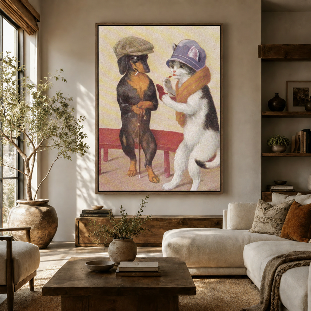 Funny vintage animal canvas print styled in warm living room with cream sofa and terracotta olive tree pot