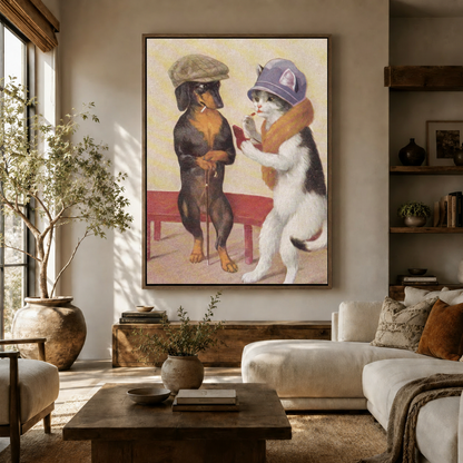 Funny vintage animal canvas print styled in warm living room with cream sofa and terracotta olive tree pot