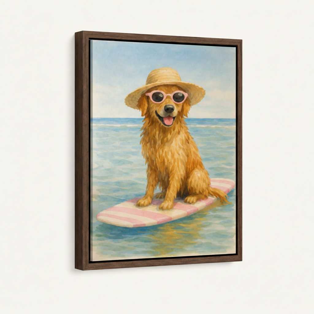 Cheerful surfing golden retriever beach canvas in dark walnut float frame, 3/4 angle on off-white background