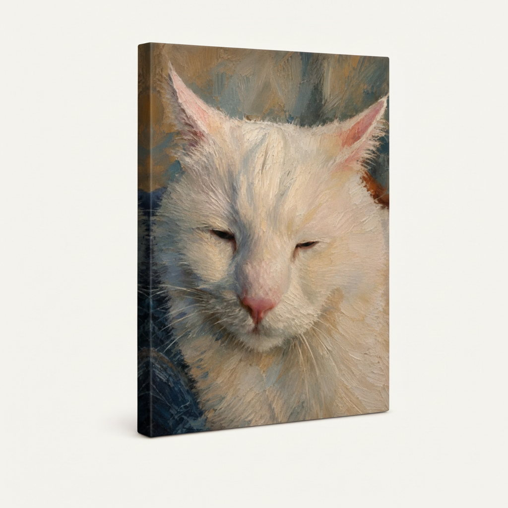 Gallery-wrapped white cat close-up impressionist canvas with teal-blue wrap sides on off-white background